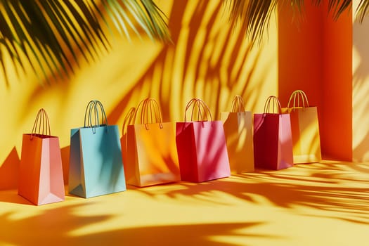 A row of vibrant shopping bags rests on a bright yellow surface, with palm tree shadows creating a playful pattern.