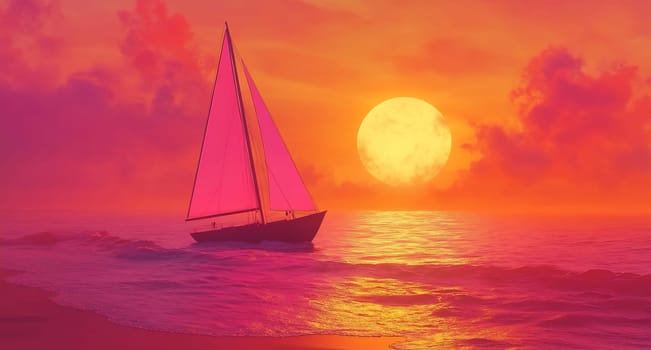 A sailboat glides across serene waters under a vibrant sunset, with colorful clouds casting reflections on the waves.