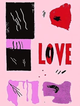 A bright and engaging artwork displays the word LOVE amidst colorful abstract shapes and textures on a pink background.