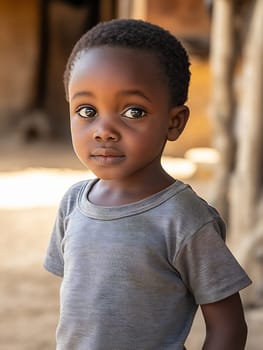 A curious young boy looks toward the camera, standing in a sunlit outdoor setting with a rustic background.