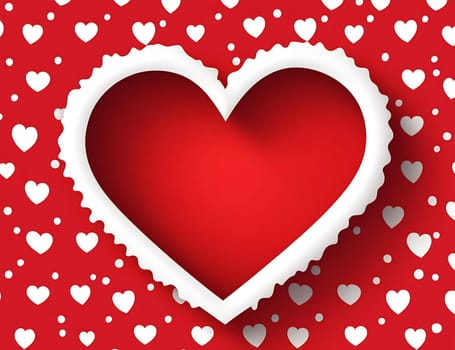 A bright red heart cutout surrounded by smaller white hearts on a vibrant red background, evoking feelings of love and celebration.