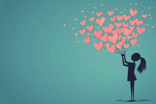 A girl stands with her back to the viewer, lifting colorful heart-shaped balloons against a blue backdrop, expressing joy and affection.