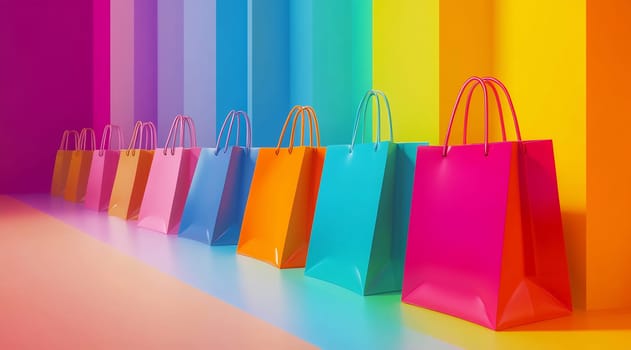A series of colorful shopping bags arranged neatly against a bright, gradient backdrop, creating an energetic and lively atmosphere.