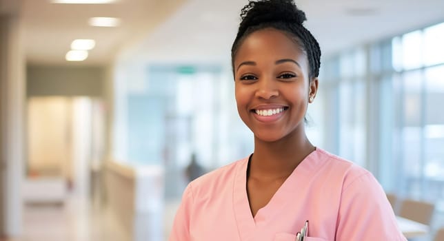 A nurse in pink scrubs smiles warmly while standing in a well-lit hospital corridor during daytime.