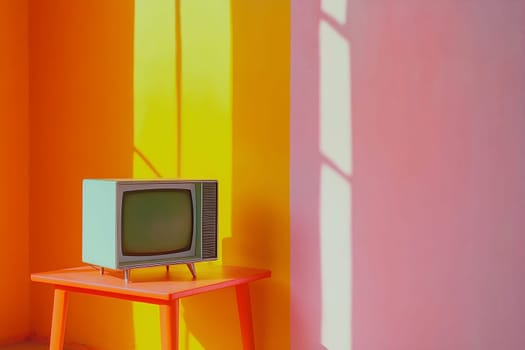 A retro television sits on a colorful orange table, illuminated by sunlight streaming through vibrant walls.