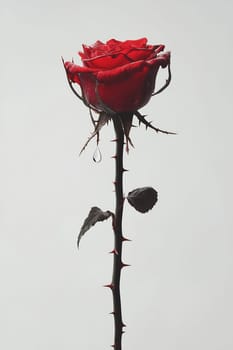 A vibrant red rose stands tall, adorned with dewdrops, showcasing its elegance against a light background.