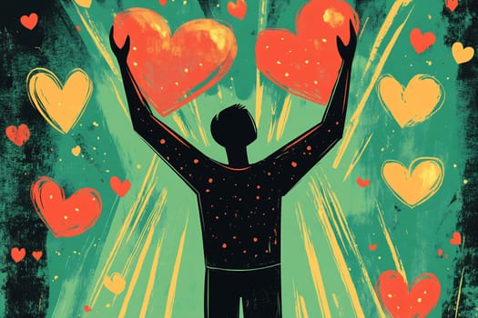 A person stands with arms raised, surrounded by colorful hearts, expressing joy and love in a vibrant artistic setting.