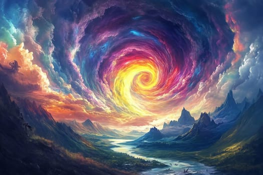 A stunning swirl of colorful clouds forms above majestic mountains as a river winds through the vibrant landscape during sunset.