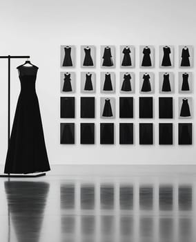 A contemporary art gallery displays a long black dress alongside a collection of framed black dress designs on the wall.