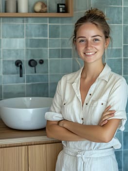 A young woman stands confidently with arms crossed, smiling in a stylish bathroom with blue tiles and white sink.