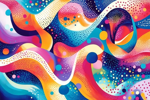 Colorful swirling patterns and dots create a lively abstract design filled with energy and dynamism. A beautiful display of imagination.