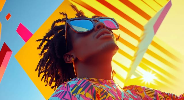 A person with stylish sunglasses poses against a vibrant background filled with geometric shapes during a sunny day.