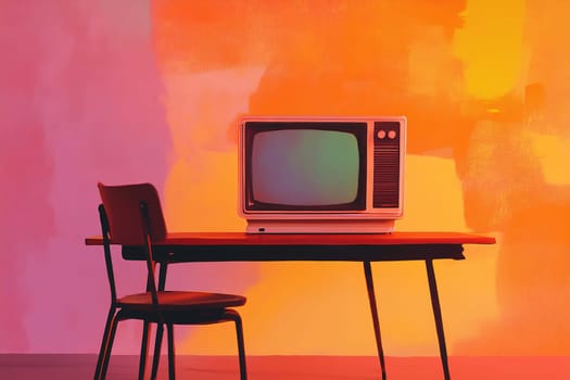 A vintage television sits on a wooden table beside a chair, framed by colorful abstract wall art.