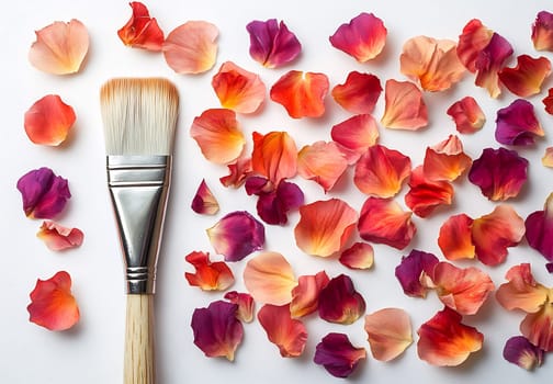 A variety of colorful petals are scattered around a brush, creating a vibrant and artistic arrangement on a flat surface.