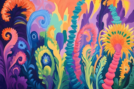 A burst of colorful abstract flora fills the canvas with dynamic shapes and vivid hues, showcasing creativity and artistic expression.