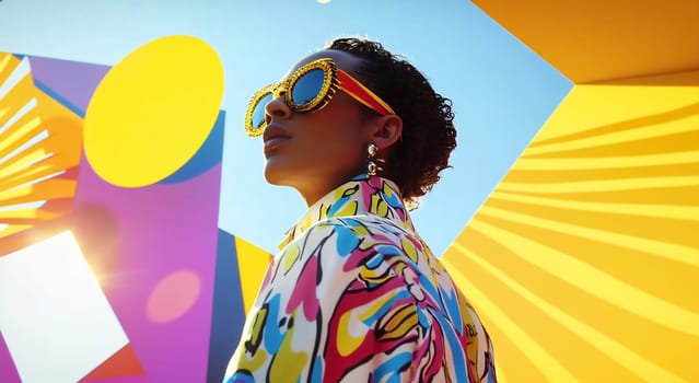A person stands confidently against a backdrop of bright geometric murals, showcasing bold fashion and artistic expression in an urban environment.