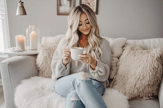 A woman sits comfortably on a cozy sofa, sipping a warm beverage and smiling while relaxing in a serene living room.