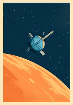 A spacecraft orbits a vibrant, orange planet under a starry night sky, showcasing deep space exploration.