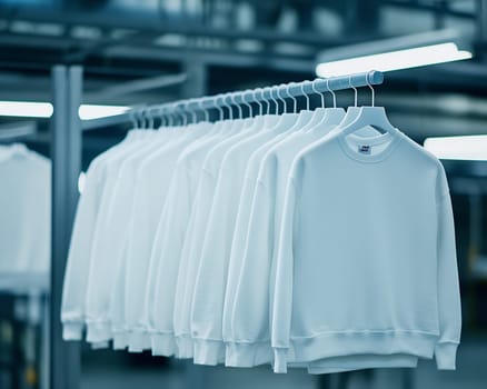 A row of neatly hung white sweatshirts in a well-lit factory setting showcasing organized clothing production.