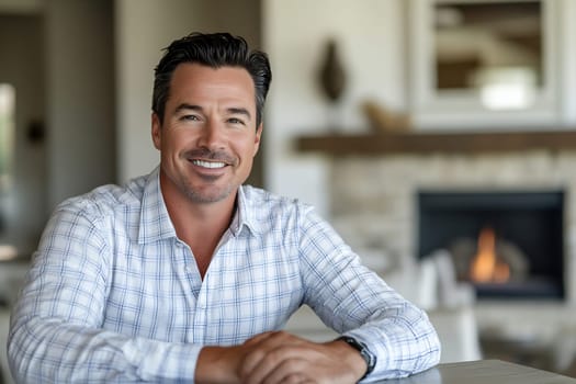 A man with a friendly smile sits at a table in a stylish living room, showcasing a warm and inviting atmosphere.