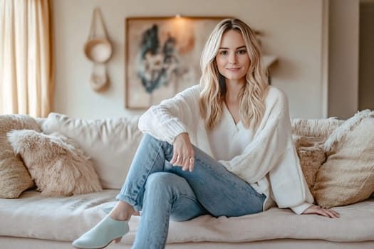A young woman in casual attire sits comfortably on a couch, enjoying a peaceful moment in a bright, inviting living room.