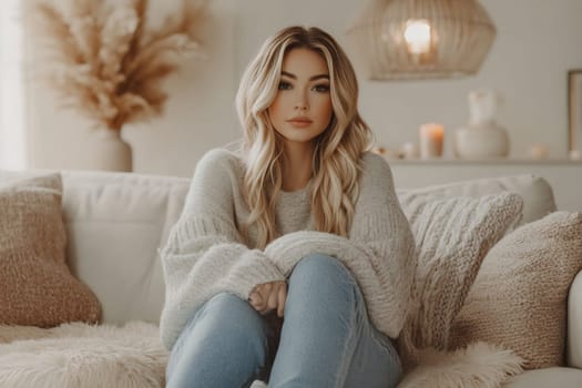 A young woman sits comfortably on a sofa, wrapped in a cozy sweater, surrounded by soft decor in a warm indoor setting.