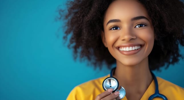 A smiling healthcare professional in a yellow uniform holds a stethoscope, exuding confidence and warmth against a blue backdrop.