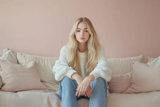 A young woman sits cross-legged on a couch, wearing a cozy sweater, gazing thoughtfully at the camera in a softly lit room.