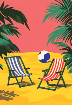 Two beach chairs sit on golden sand, surrounded by palm trees, with a soccer ball nearby under a vibrant sunset sky.