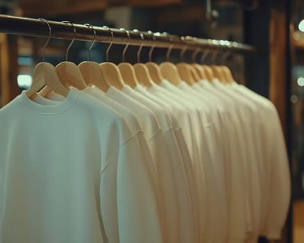 A collection of white sweaters neatly arranged on hangers in a warm, inviting retail space, highlighting a minimalist style.