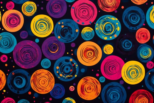 Brightly colored circles with swirling patterns create a lively design on a dark backdrop, captivating and playful in appearance.