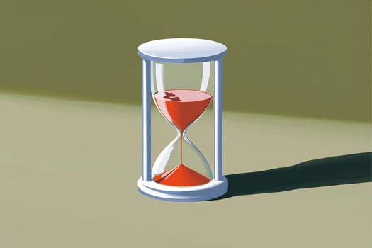 A red sand timer rests on a plain surface, with sand slowly flowing between its two bulbs, symbolizing the passage of time.