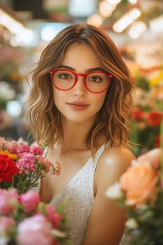 A woman holds a bouquet of flowers while wearing stylish glasses, surrounded by a vibrant floral market.