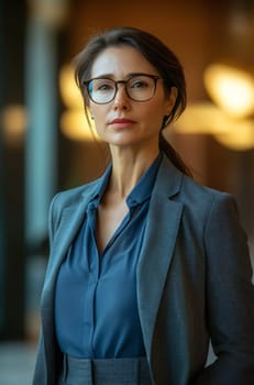 A focused businesswoman stands confidently in a modern office environment, showcasing professionalism and determination.
