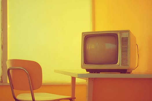 A retro television sits on a table beside a chair in a room with warm yellow walls, evoking nostalgia and past memories.