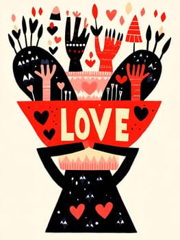 A colorful illustration features various hands and hearts, symbolizing love and connection, surrounded by plants and shapes.