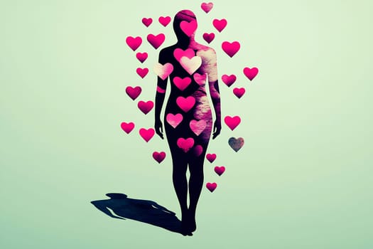 A silhouette figure stands amid floating pink hearts, creating a whimsical and romantic atmosphere against a pastel background.