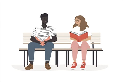 A man and a woman enjoy reading their books on a park bench in a relaxed outdoor setting, immersed in their stories.