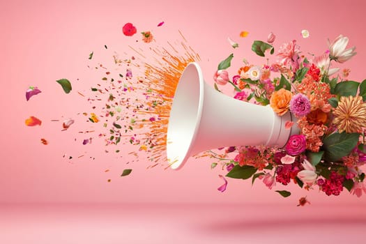 A vibrant megaphone adorned with an explosion of colorful flowers and petals against a pink background, symbolizing creativity and expression.