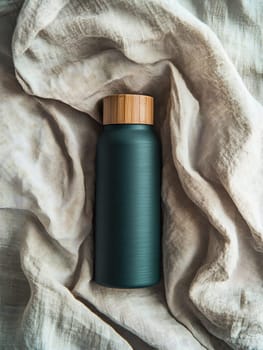 A teal bottle made from stainless steel is resting on a wrinkled, beige fabric, showcasing a minimalist design and bamboo lid.