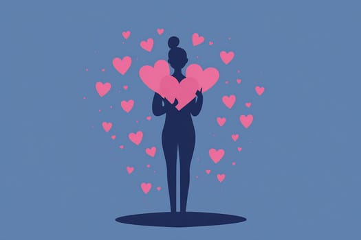 A silhouette of a woman stands against a blue background, cradling large pink hearts surrounded by smaller hearts.