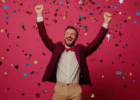A man in a suit raises his arms in celebration, surrounded by vibrant confetti against a pink background.