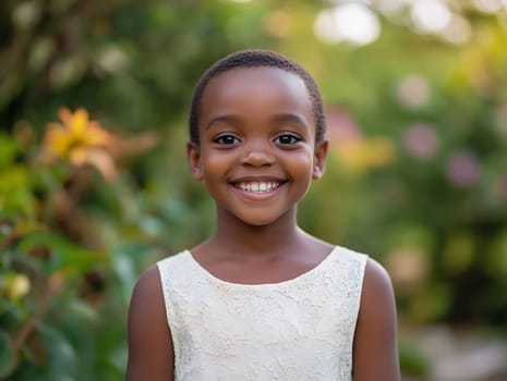 A joyful young child stands outside surrounded by greenery, enjoying a sunny day with a cheerful smile.