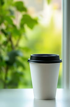 A simple white coffee cup sits on a table next to a window, surrounded by green plants, creating a calm atmosphere.