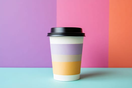 A stylized coffee cup with layered colors stands on a vibrant surface, adding a pop of color to the aesthetic setting.
