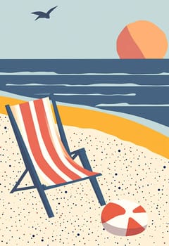 A striped lounge chair sits on a sandy beach with a beach ball nearby as the sun sets over the ocean.