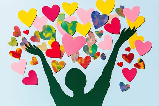 A silhouette of a person raising their arms surrounded by vibrant, colorful hearts in various sizes and shapes.