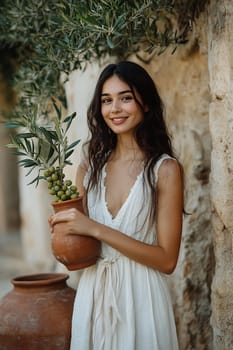 A young woman stands in a rustic garden, holding a clay pot filled with olives, radiating elegance in a flowing white dress.