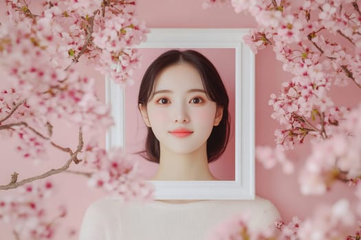 A person poses with a frame surrounded by blooming cherry blossoms, capturing the beauty of springtime outdoors.