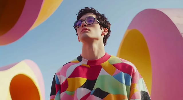 A young man stands confidently outdoors, wearing a vibrant, geometric sweater against a bright, artistic backdrop.